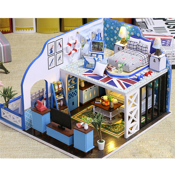 DIY Wooden Miniature Tailor Shop Dollhouse Furniture LED Kit Children Puzzle Toy